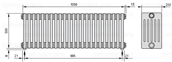 Схема (чертеж) Радиатор Zehnder Charleston 6050/23 №3570 Белый глянцевый RAL 9016